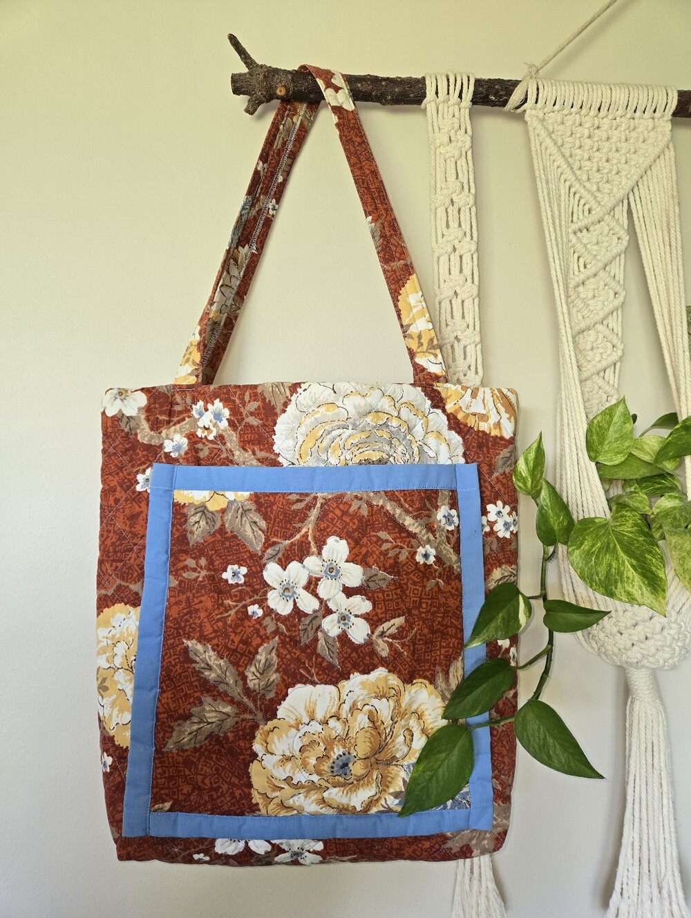 Floral Quilted Tote Bag in Rust with Blue Trim